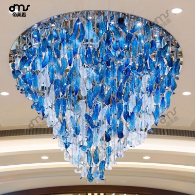 蓝色手工琉璃玻璃叶片吸顶吊灯